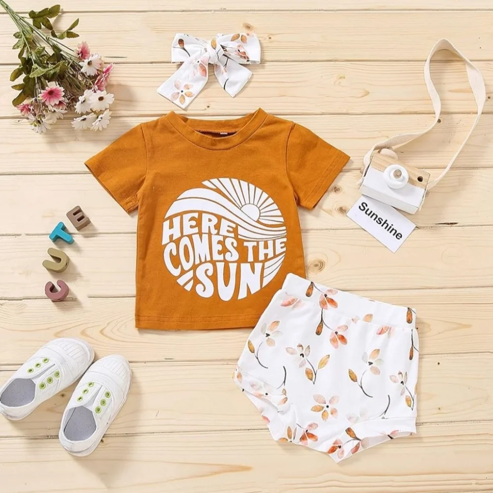 Kids Boho Orange Tee Floral High Waist Shorts Summer Set Baby Girl Outfit 6-9M
